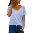 thumbnail image 5 of Borke Women's Casual V Neck Tops Short Sleeve Shirts Striped Sheer Mesh Patchwork Blouses and Tops, 5 of 8