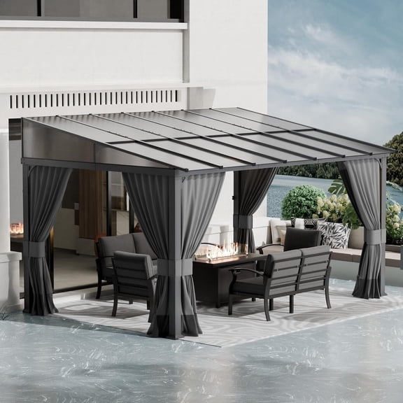 ASJMR 10x14FT Wall Mounted Gazebo with Polycarbonate Roof,Metal Frame Lean to Gazebo With Double Curtains for Garden Lawn Backyard Deck,Gray
