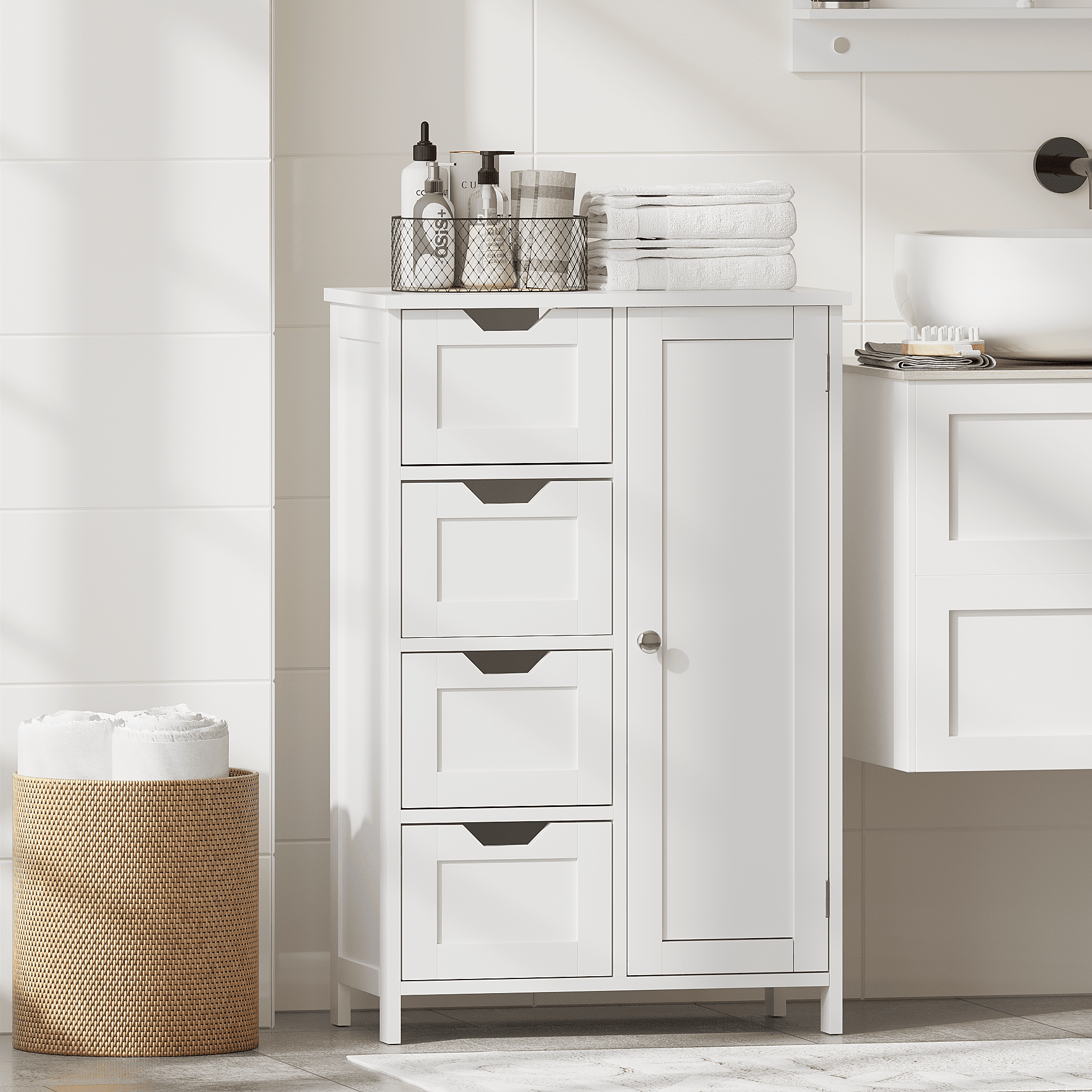 Mintazer Bathroom Floor Cabinet with Adjustable Shelf & 4 Drawer and Door, Freestanding Storage Cabinet for Bathroom & Hallway, White