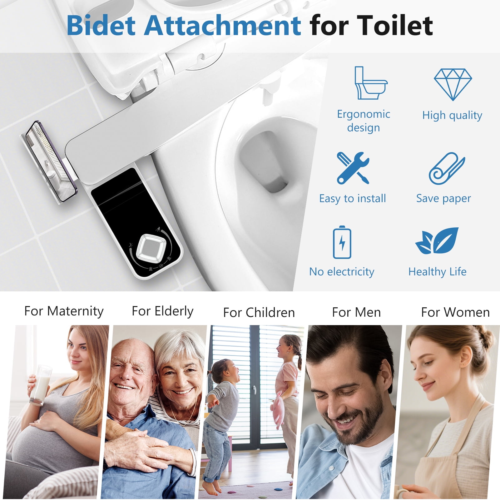 Bidet Attachment for Toilet, Non Electric, Self Cleaning Dual Nozzles for Front and Rear Cold Water Wash, Adjustable Water Pressure