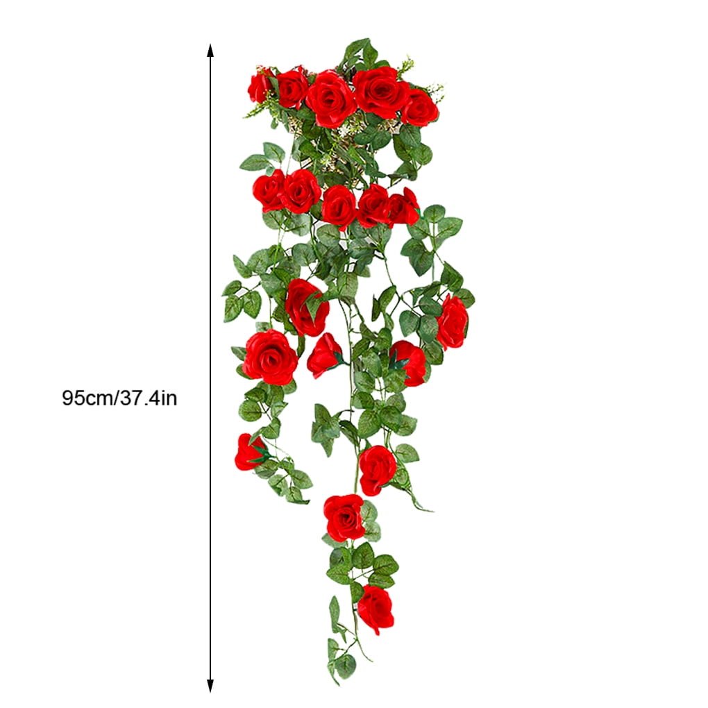 Artificial Rose Garland Simulation Flower Vine Decor Wall Hanging  Plastic Fake Flower Rattan, Red