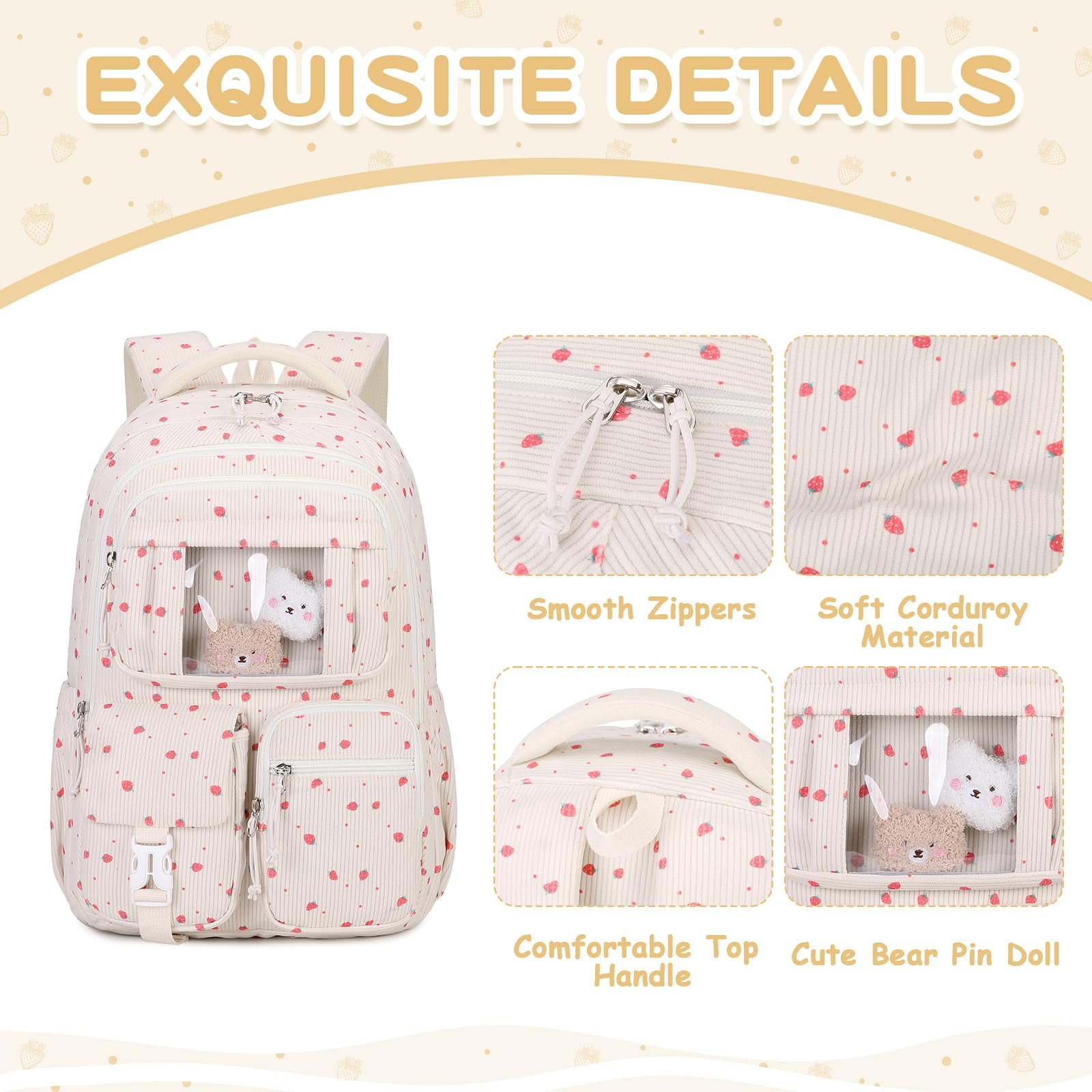 Soda Candy Corduroy School Backpack Cute Bookbag for Middle School Students Book Bag Kawaii Ita Backpacks with Reinforced Thick Strap, Biege Strawberry
