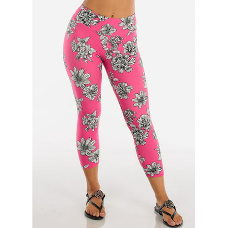 Womens Juniors Ladies Cute Casual Everyday Loungewear Stretchy Comfortable Trendy Pull On High Waisted Pink Flower Print Capri Leggings (Best Lululemon Leggings For Everyday)