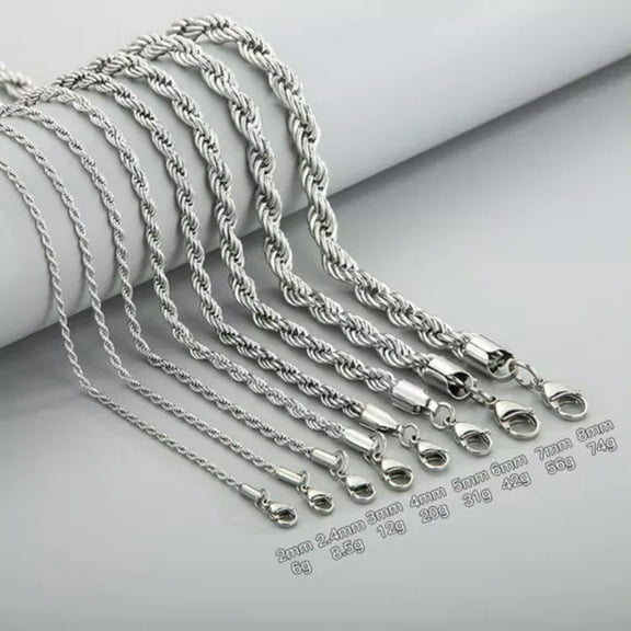 EOEMY 316L Stainless Steel Rope Chain 20"22"24" Men Women Necklace 2/2.4/3/4/5/7/8mm-Silver-7mm-20Inch Or 50Cm