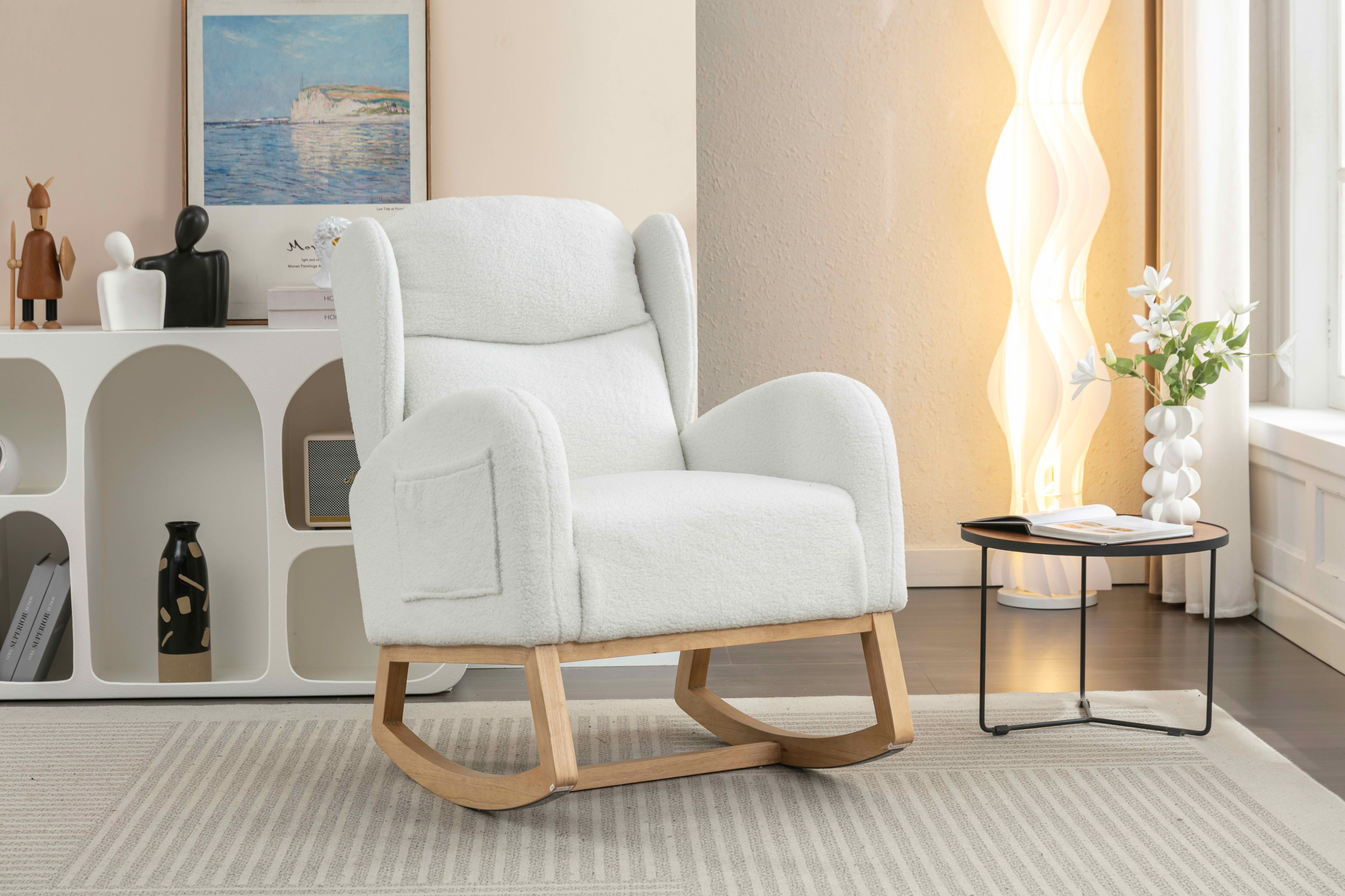 MAYEERTY Teddy Fabric Rocking Chair, with Packet Wood Legs, Ivory