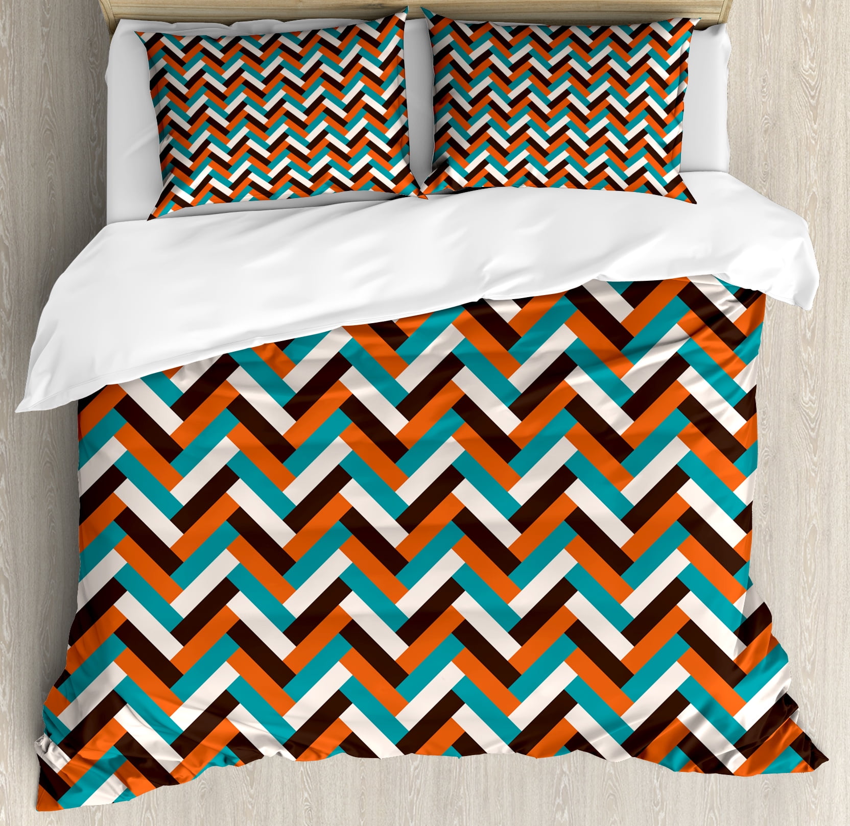 Mid Century Queen Size Duvet Cover Set, Herringbone Pattern in Retro