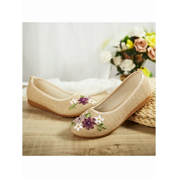 FANNYC Women Ethnic Style Dance Shoes Flower Embroidery Ballerina Casual Temperament Espadrilles Embroidered Cloth Shoes,Khaki /White /Dark Blue