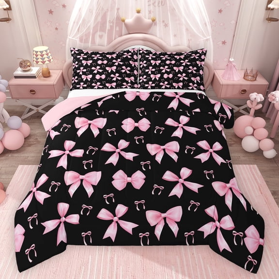 Feelyou Princess Bow-tie Kids Twin Comforter Sets, Black Pink Cartoon Bedding Set, 2-Piece