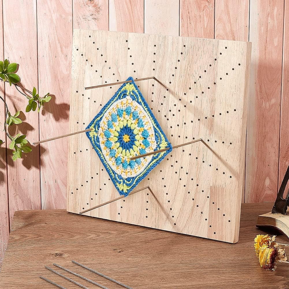 12X12 inches Crochet Board Wooden Knitting Blocking Mat Square Board with 8pcs Stainless Steel Pins for Knitting and Crochet Projects Handcrafted Knitting Gift for Granny Square Lovers Bisque