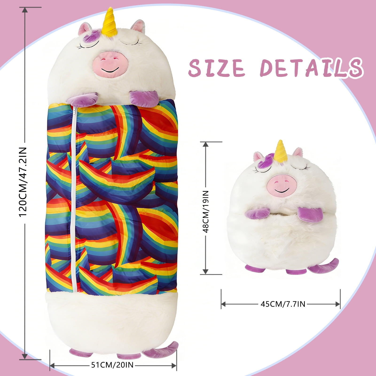 Kids Unicorn Sleeping Bag with Pillow - 2-in-1 Foldable, All Seasons, Soft & Warm (45"x19")-WHITE