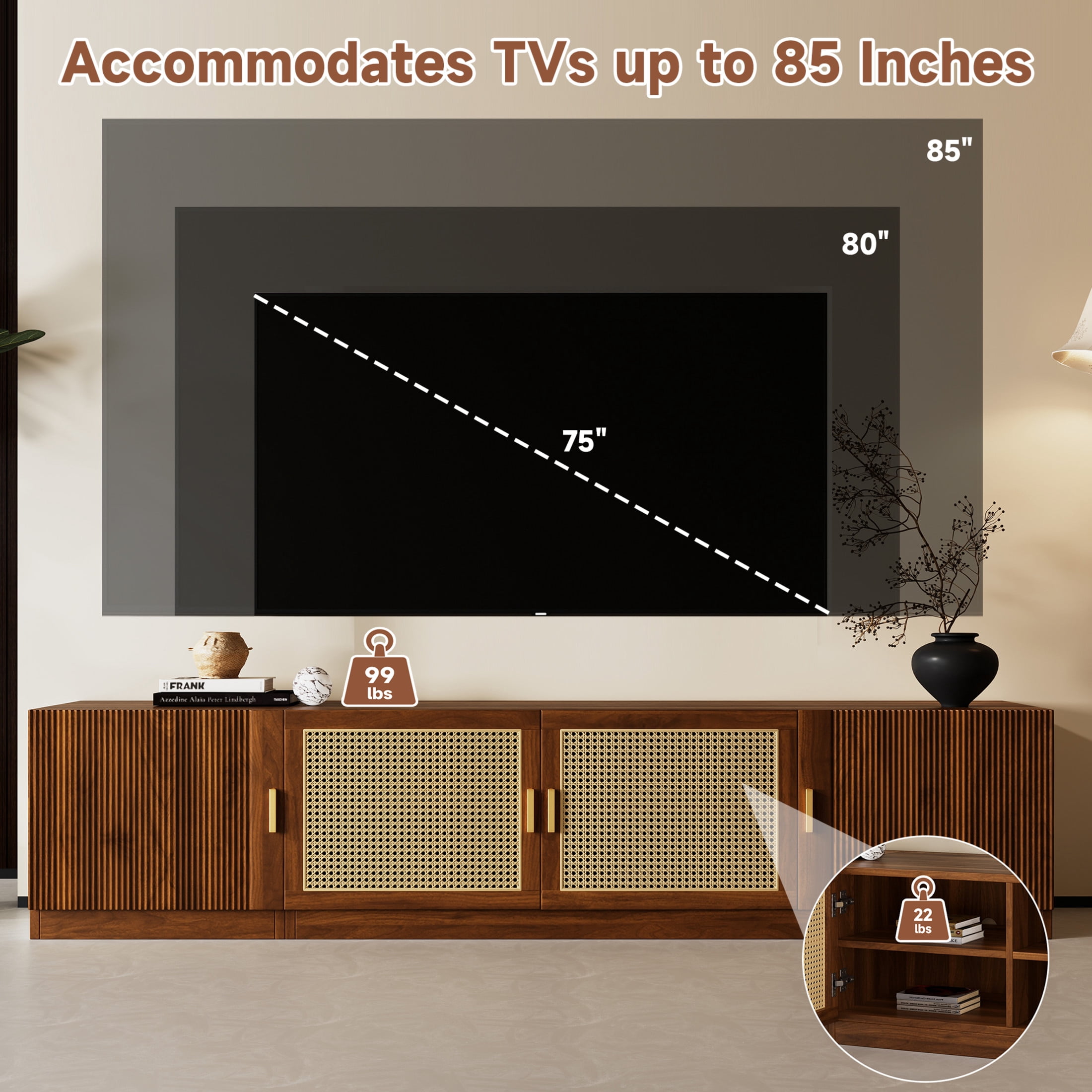 Noble House TV Stand for TVs up to 85", Media Console with Rattan Doors and Adjustable Shelves, Walnut