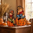 thumbnail image 3 of Fall Harvest Scarecrow Figurine Set of 2, Wood 2D Scarecrow Sitting on Pumpkin Statue with Sunflower, Autumn Farmhouse Tabletop Decor for Mantel Shelf Thanksgiving Home Decor, 3 of 4