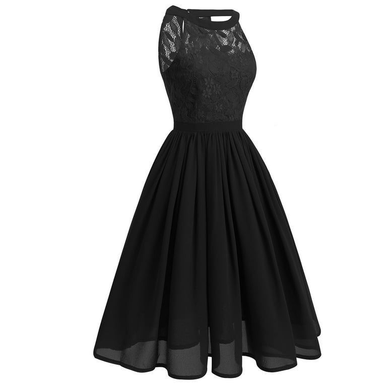 IBTOM CASTLE Women Vintage Floral Lace Chiffon Sleeveless Pleated Halter  Short Bridesmaid Dress A Line Swing Party Cocktail Dress S Black