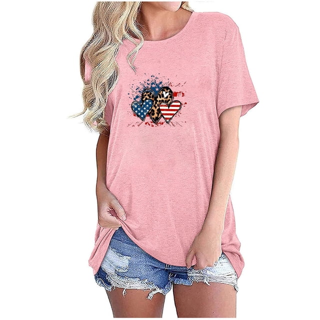 Camisetas de Manga Corta para las Mujeres Día de la Independencia Impresión Básica Camiseta de Verano, Cuello Redondo Casual Camiseta Blusa