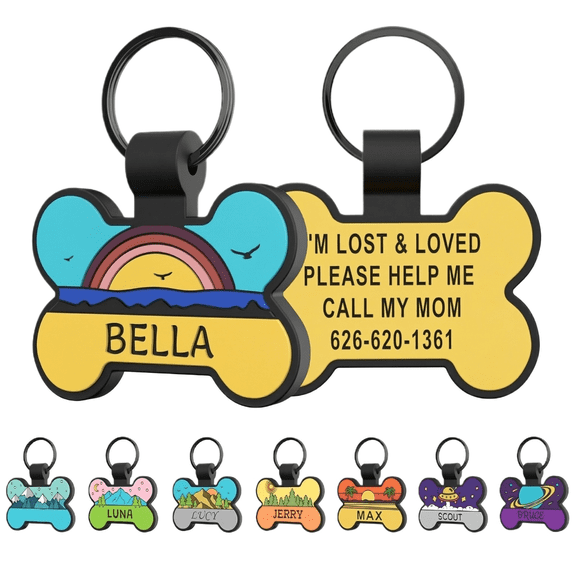 Pet Tag Silicone Pet ID Tag for Dog Collar, Silent Dog Tag Bone Shape with Personalized Engraving Space, Lightweight Identification Tag for Dogs and Cats, 1.89×1.57 in
