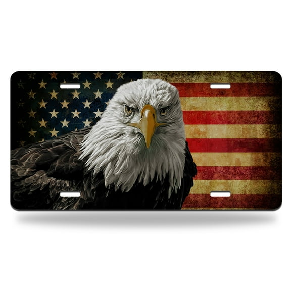 Yehwow American Bald Eagle On Grunge Flag Metal Car Plate Decorative Aluminum License Plate Tag Sign