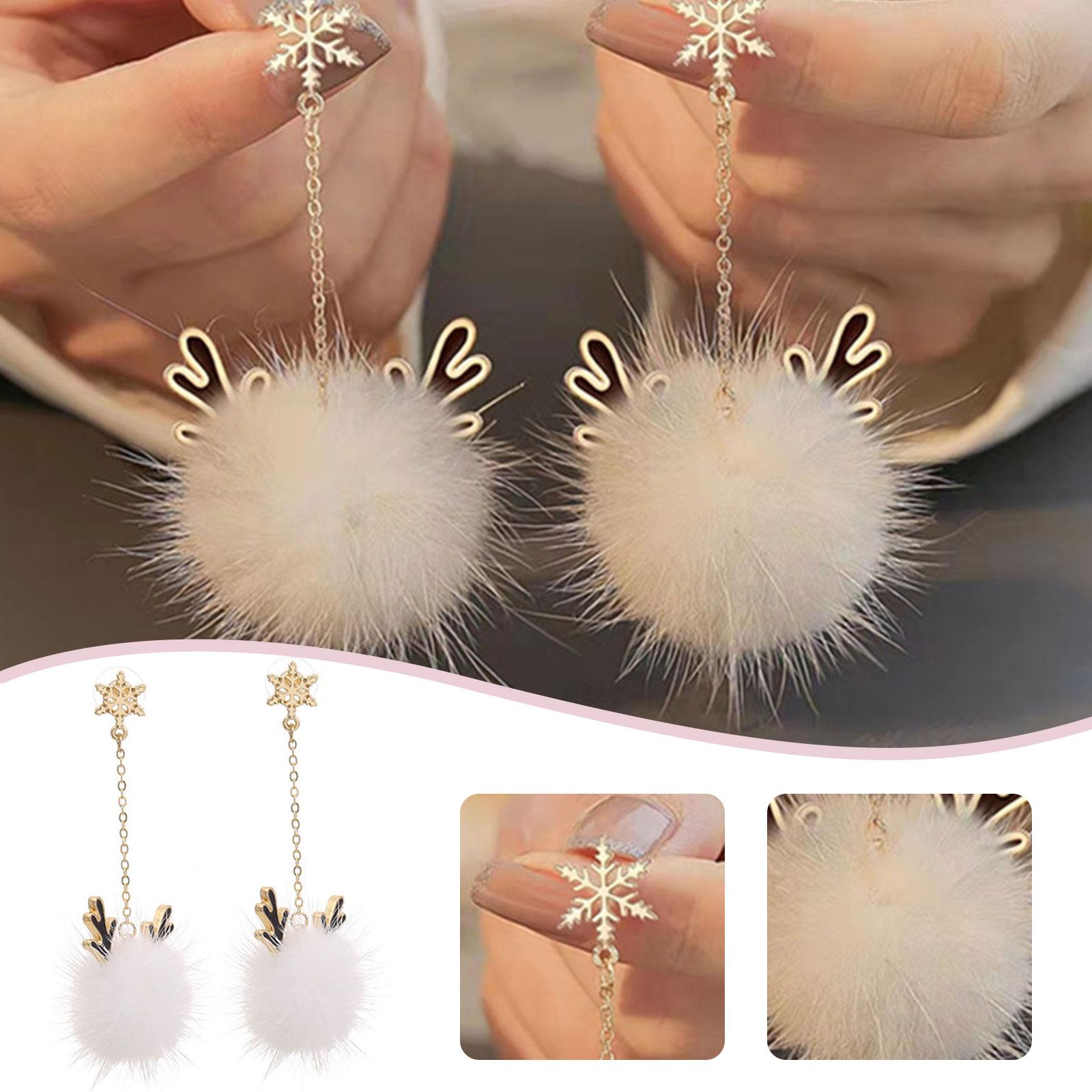 LIUZHIPENG Pom Pom Earrings for Women Girls Cute Snowflake Antler Pompom Dangle Earring Pierced Ear Stud Drops Christmas Xmas Holiday Jewelry G2Q9 - image 3 of 9