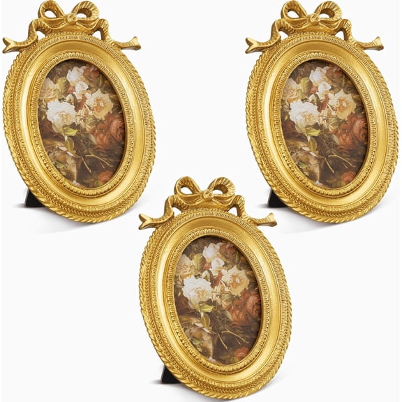 3 Pcs Gold Tiny Picture Frame 2.5 x 3.5 Inch Small Vintage Oval Picture Frames Stylish Vintage Baroque Ornate Antique Resin Oval Table Display for Home Wedding