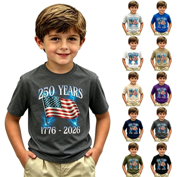 250th Anniversary USA Shirt - 250 Year American Anniversary Flag Short Sleeve Casual Activewear Graphic Tee (Toddler 2-3 Years Dark Gray)