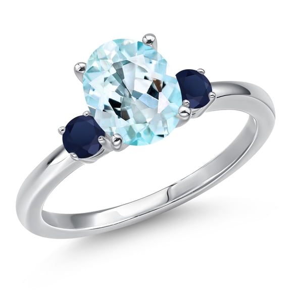 Gem Stone King 14K White Gold Sky Blue Topaz and Blue Sapphire Engagement Ring for Women | 2.30 Cttw | Oval 9X7MM | Gemstone November Birthstone | Size 9