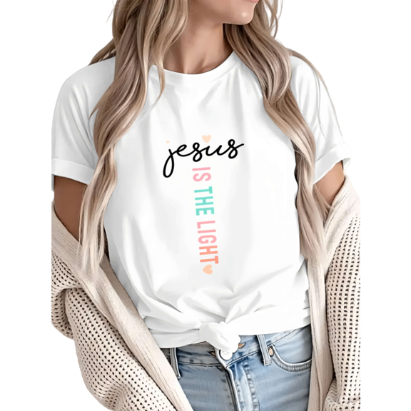 Giffimy Women Jesus is the Light Christian Graphic Short Sleeve T-Shirt Casual Comfortable Crewneck Top