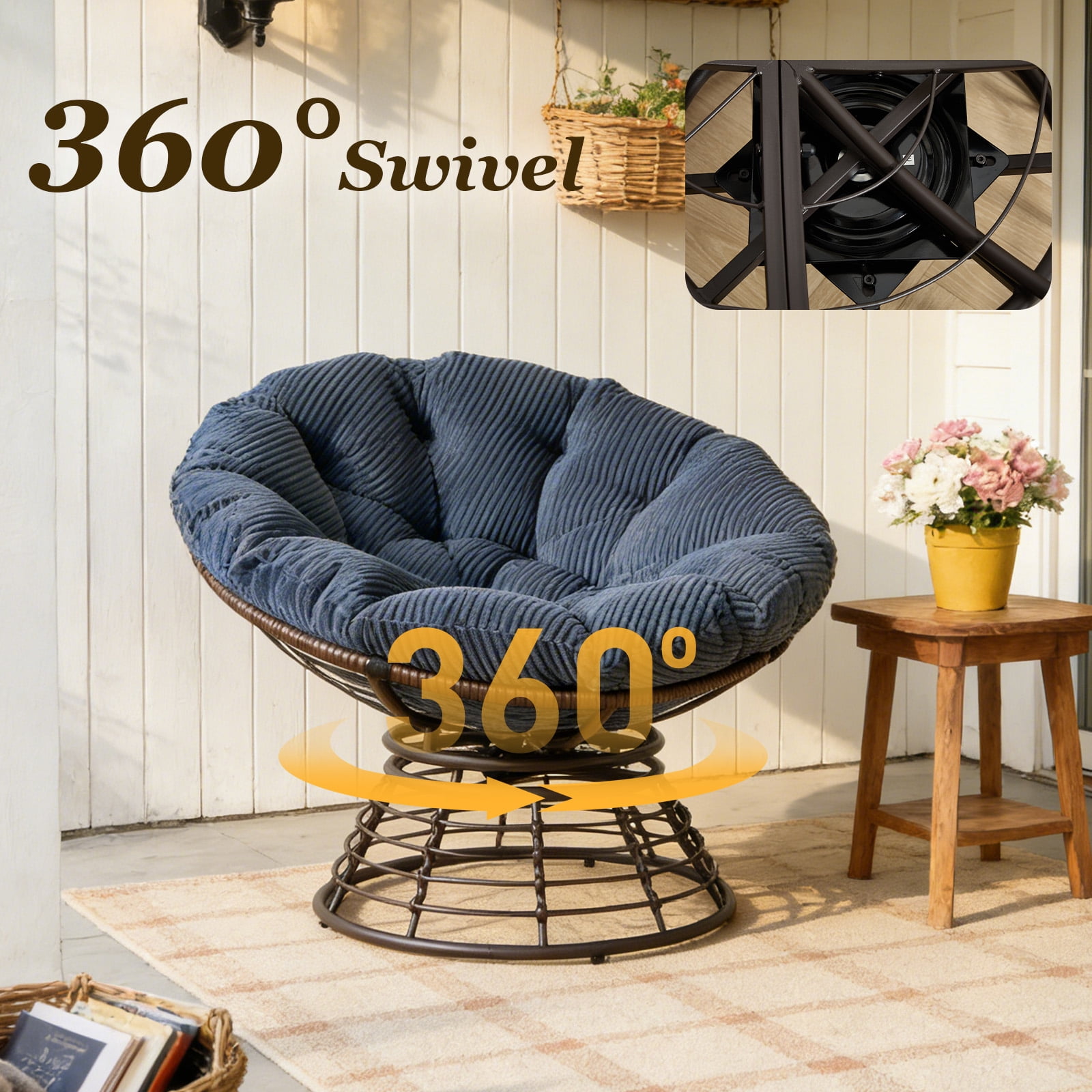MOONMISS 360° Swivel Wicker Papasan Chair with Soft Thick Cushion for Living Room,Navy Blue
