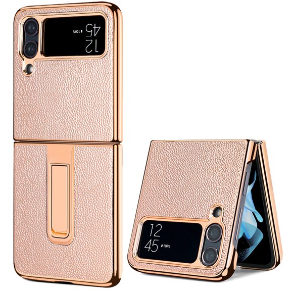 Nalacover for Samsung Galaxy Z Flip 4 Hidden Kickstand PU Leather Case, Electroplated Frame Shockproof Folding Cover for Samsung Galaxy Z Flip 4 Full Protection Anti-Scratches Bracket Case,Rosegold