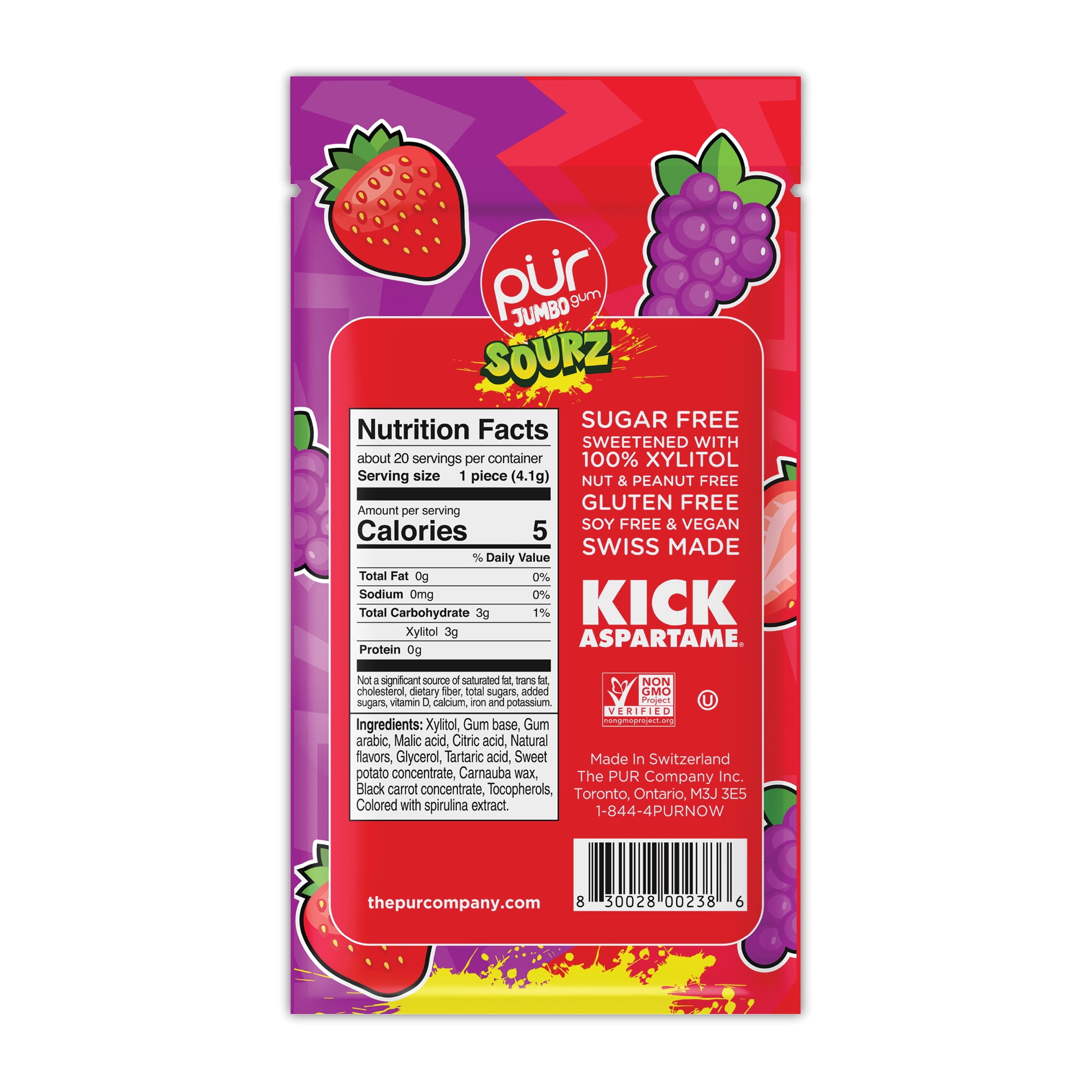 PUR Jumbo SOURZ Gum, Sour Strawberry, Sour Grape, Aspartame Free, Sugar Free & 100% Xylitol Chewing Gum, 20 Pieces, Pack of 10