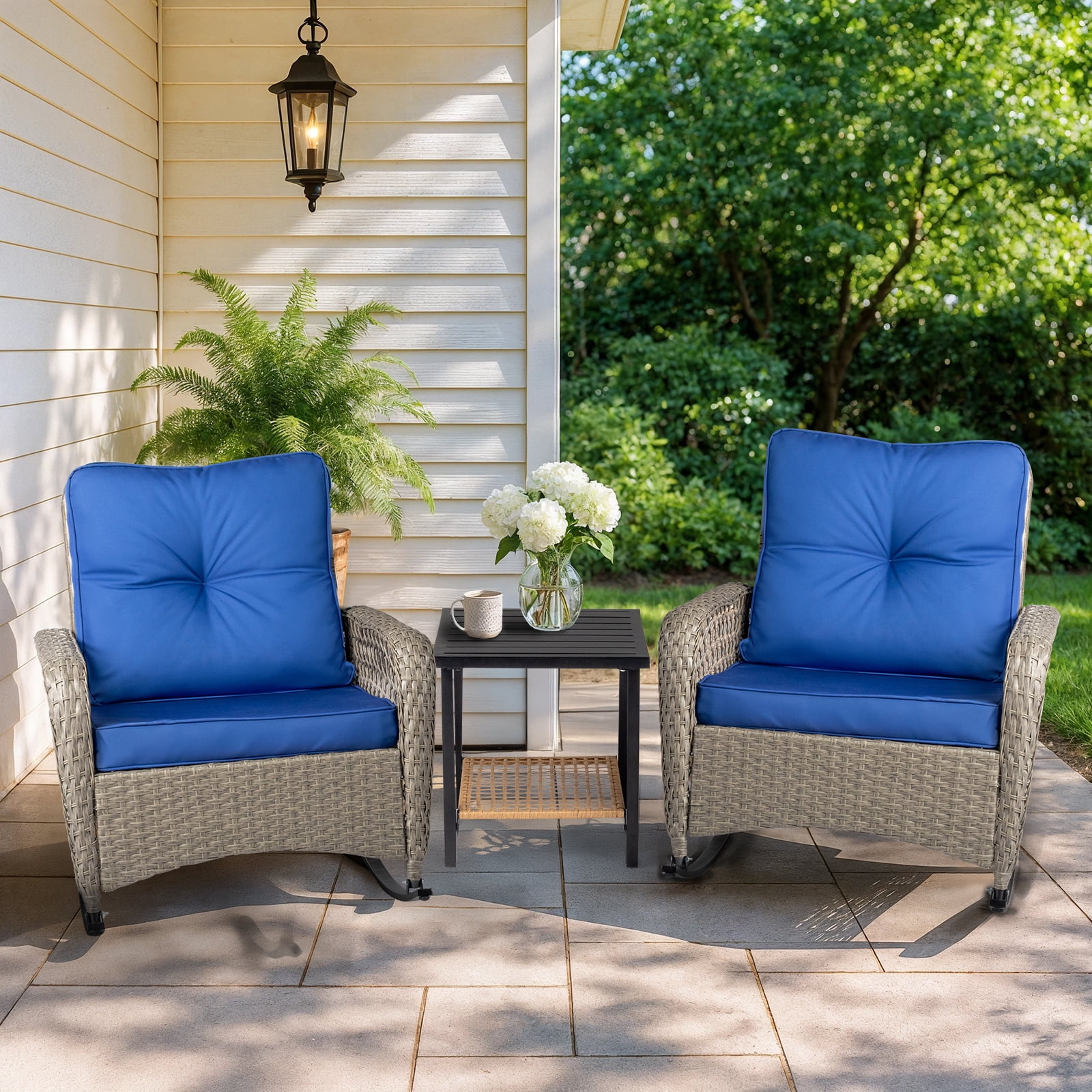 Ktaxon Outdoor Woven Rattan Rocking Chair with Blue Cushion, Large Wicker Patio Furniture, Grey and Blue