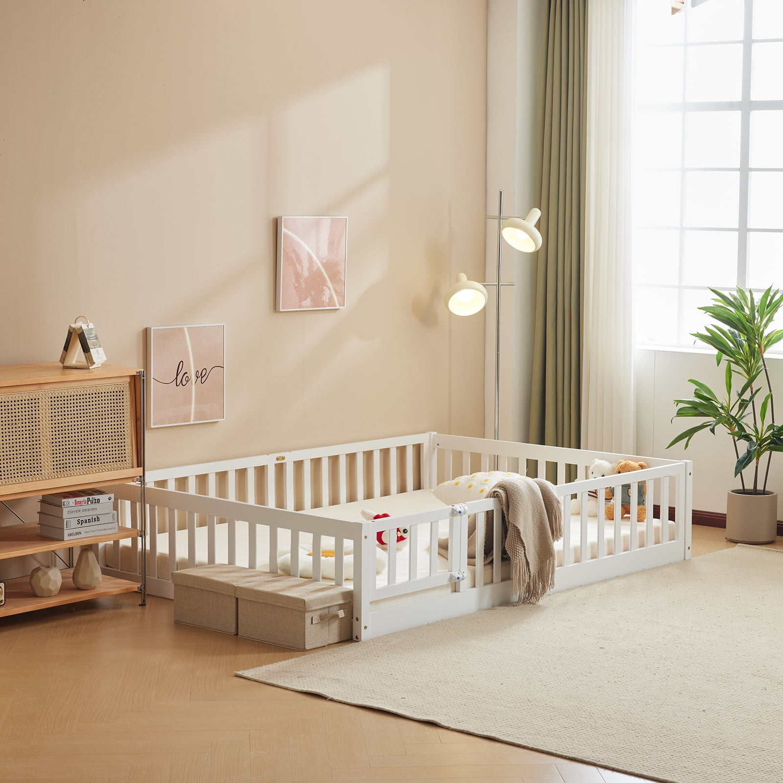 Ktaxon Montessori Full Floor Bed with Safety Guardrails, Toddler Bed Frame for Kids, Wood Frame - White