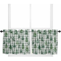 Green Plaid Christmas Tree Kitchen Curtain 2 Panels Tiers Curtains 24 Inch Length, Watercolor Xmas Tree Curtains Rod Pocket Curtains Window Drapes Treatment Window Cafe Curtains
