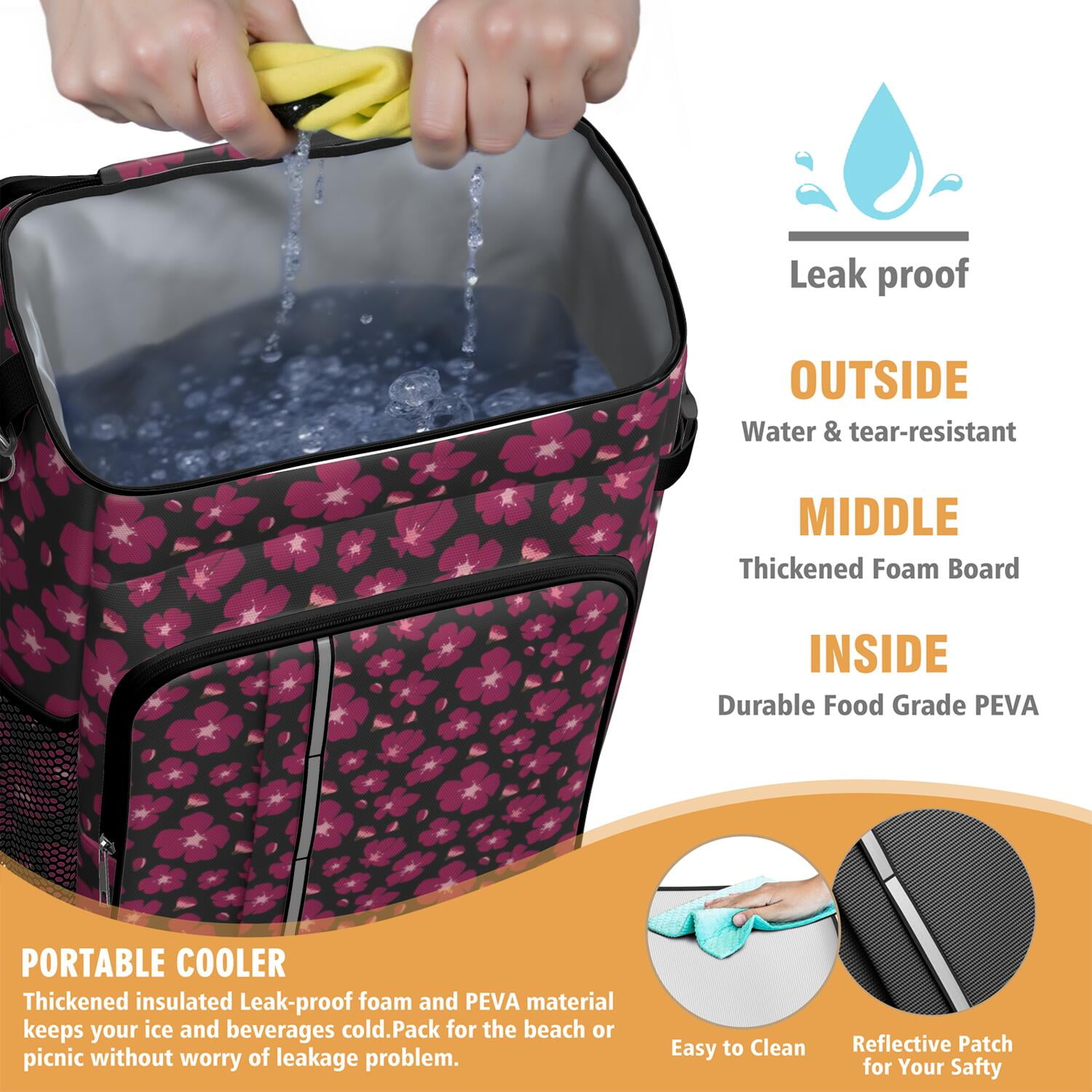 Travel Cooler Bag - Pioneer Flower Floral Print Pattern Camping Beer Cooler Backpack with Bottle Opener- Waterproof Insulated Picnic Backpacks - Cooler Bag for Beach