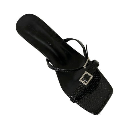 FNFYFH Square Toe Heeled Sandals for Women Girls - Low Heels Sandals - Open Toe Heels - Slip on Heeled Sandal Mule- Nude Black Strappy Heels for Party Wedding Dress Shoes