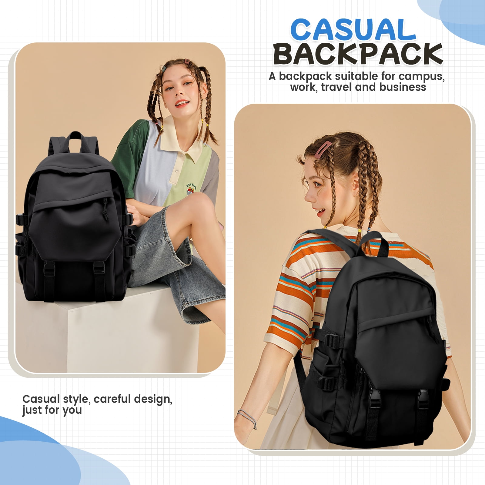 SYCNB School Backpack for Men Women College Bookbag Waterproof Lightweight Black Backpack Mochilas Book Bag Rucksack Casual Daypack School Bag for Students