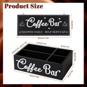 Topekada Coffee Bar Organizer and Vintage Signs, Wood Coffee Station Accessories with Removable Dividers, 4 Compartments Coffee Bar Organizer for Countertop Caddy, Fit Pods Condiment Syrup Tea Cups