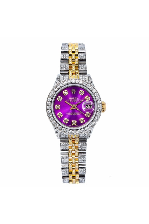 Pre-Owned Rolex Datejust 26MM 69173 Purple Diamond Dial Diamond Bezel Two Tone Yellow Gold Full Diamond Jubilee Bracelet