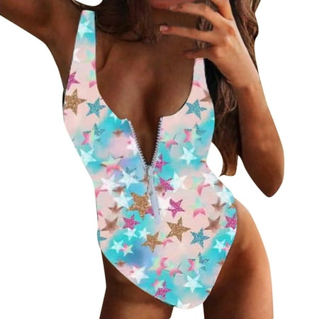 

Women Beachwear Zipper Printed Sporty Monokini Push-Up Padded Bra Backless Swimwear Bohemia Tropical Sunbath Swim Wear