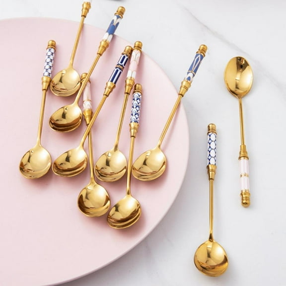 Pack of 10, Gold Plated Ceramic Long Handle Stainless Steel Espresso Spoons, Mini Teaspoons Set for Coffee Sugar Dessert Cake Ice Cream Soup Antipasto Cappuccino, 5.7 Inch