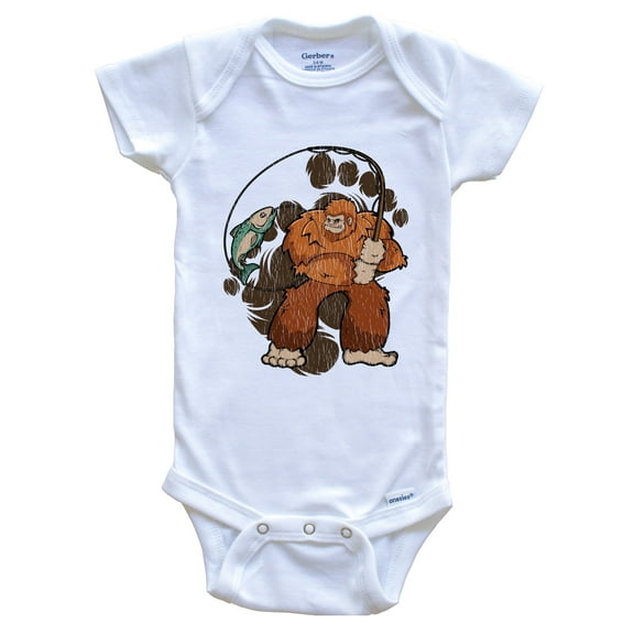 Bigfoot Fishing Baby Bodysuit - Sasquatch Catching a Fish Baby Bodysuit, 0-3 months white