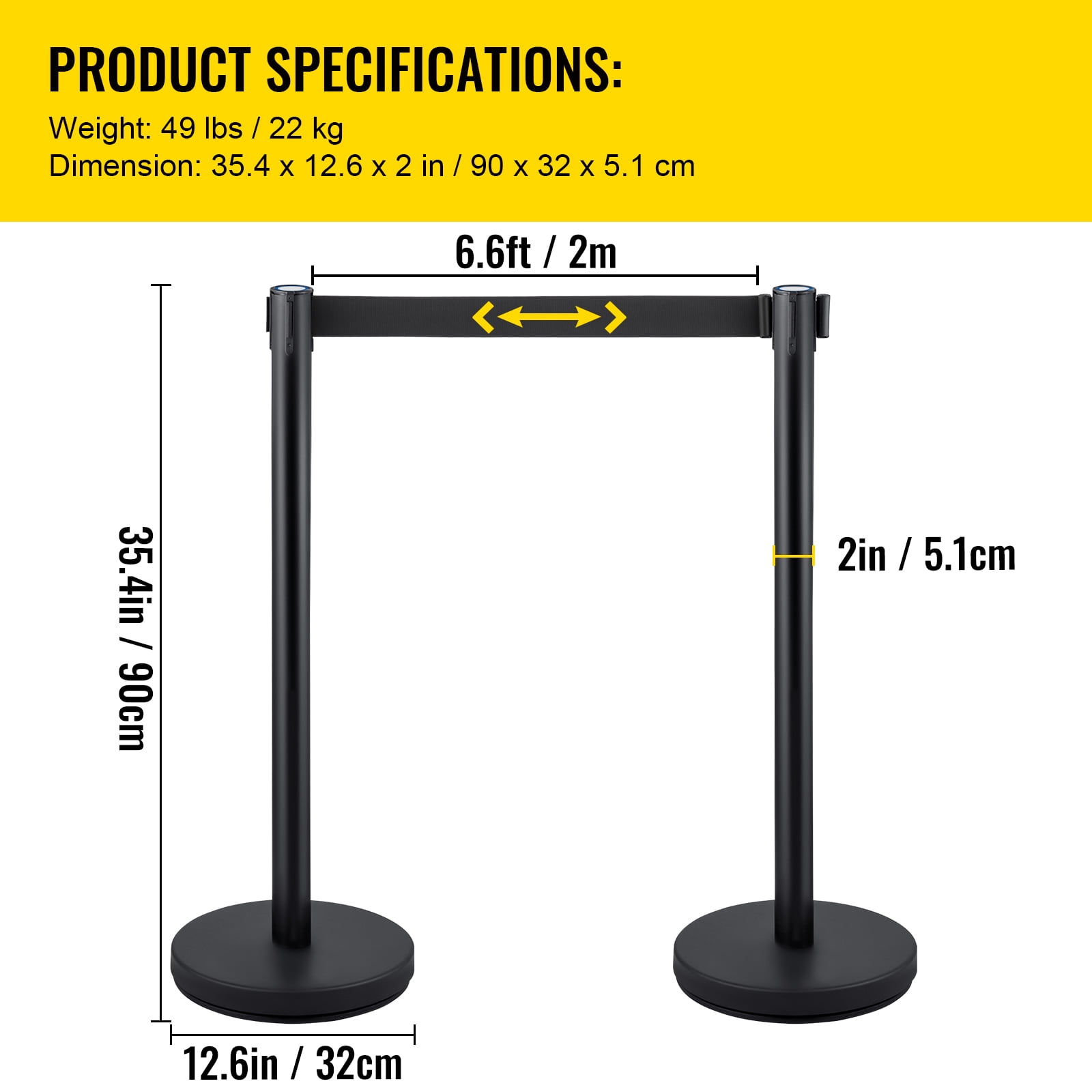 KFFKFF Queue Management Posts, 4 Units in a Set, Complete with 6.6 ft/2 m Retractable Black Belt, Black Public Management Barrier with Concrete and Metal Foundation - Simple Connection Setup