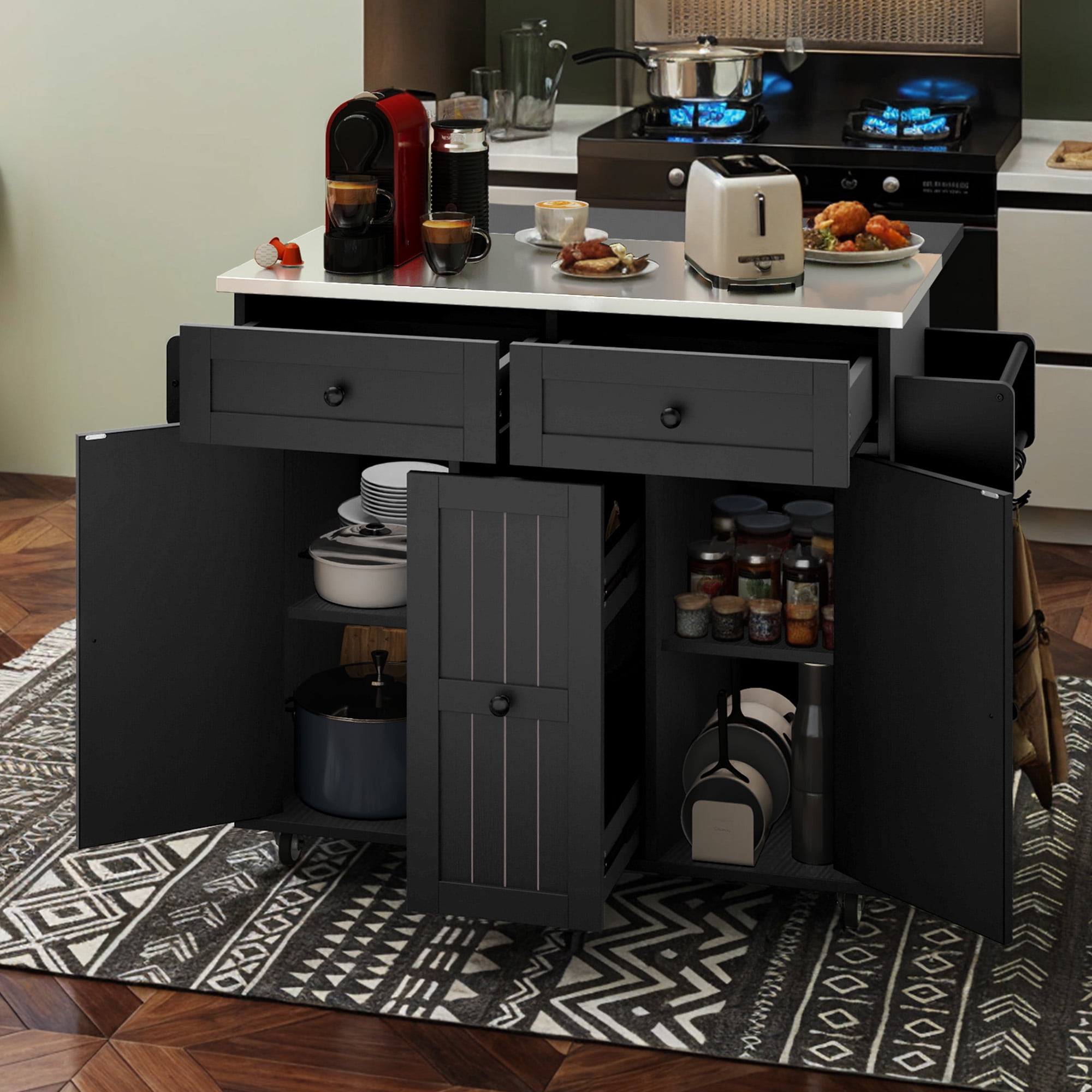 Uforic Kitchen Island with Wheels & Storage, Kitchen Island Cart with Drop Leaf, Black