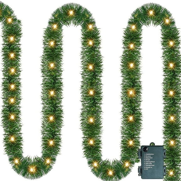 HCTSHG Christmas Garland Decoration, 15 FT Prelit Artificial Christmas Garland with LED String Lights, Battery Operated Lighted Decor for Home Wedding Fireplace Party Ornament