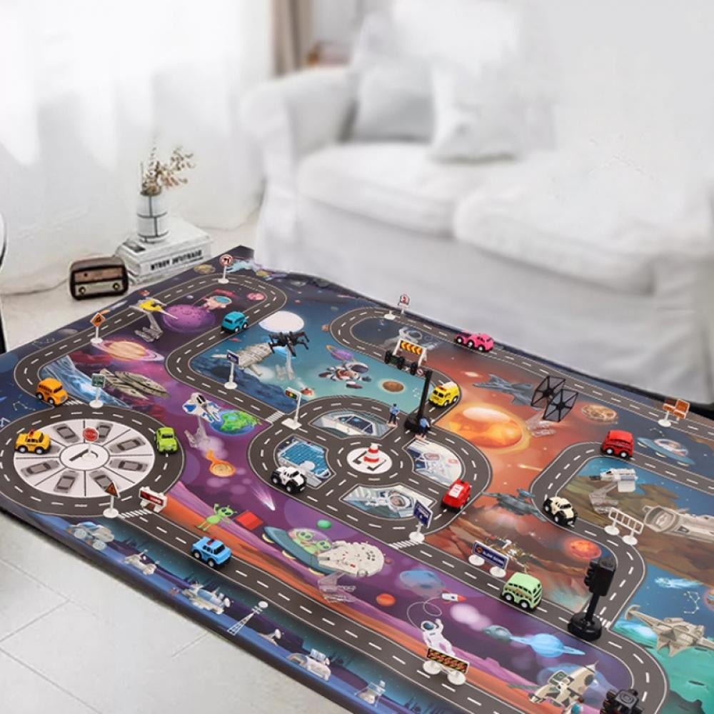 Kids Carpet Playmat Rug - Traffic Car Space Theme for Hot Wheels Track Racing and Toys - Floor Mats for Cars for Little Children, Bedroom, Playroom, Living Room