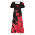 thumbnail image 3 of Gibobby Vestido casual de punto para mujer Mujer Boho Beach Long Sundress Verano Casual Manga corta Estampado floral Cuello redondo Vestido suelto(Rojo,CH), 3 of 5