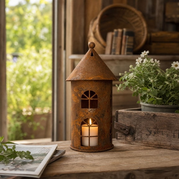 Rustic Metal House Candle Holder Vintage Cutout Tea Light Lantern with Arched Windows for Tabletop Styling