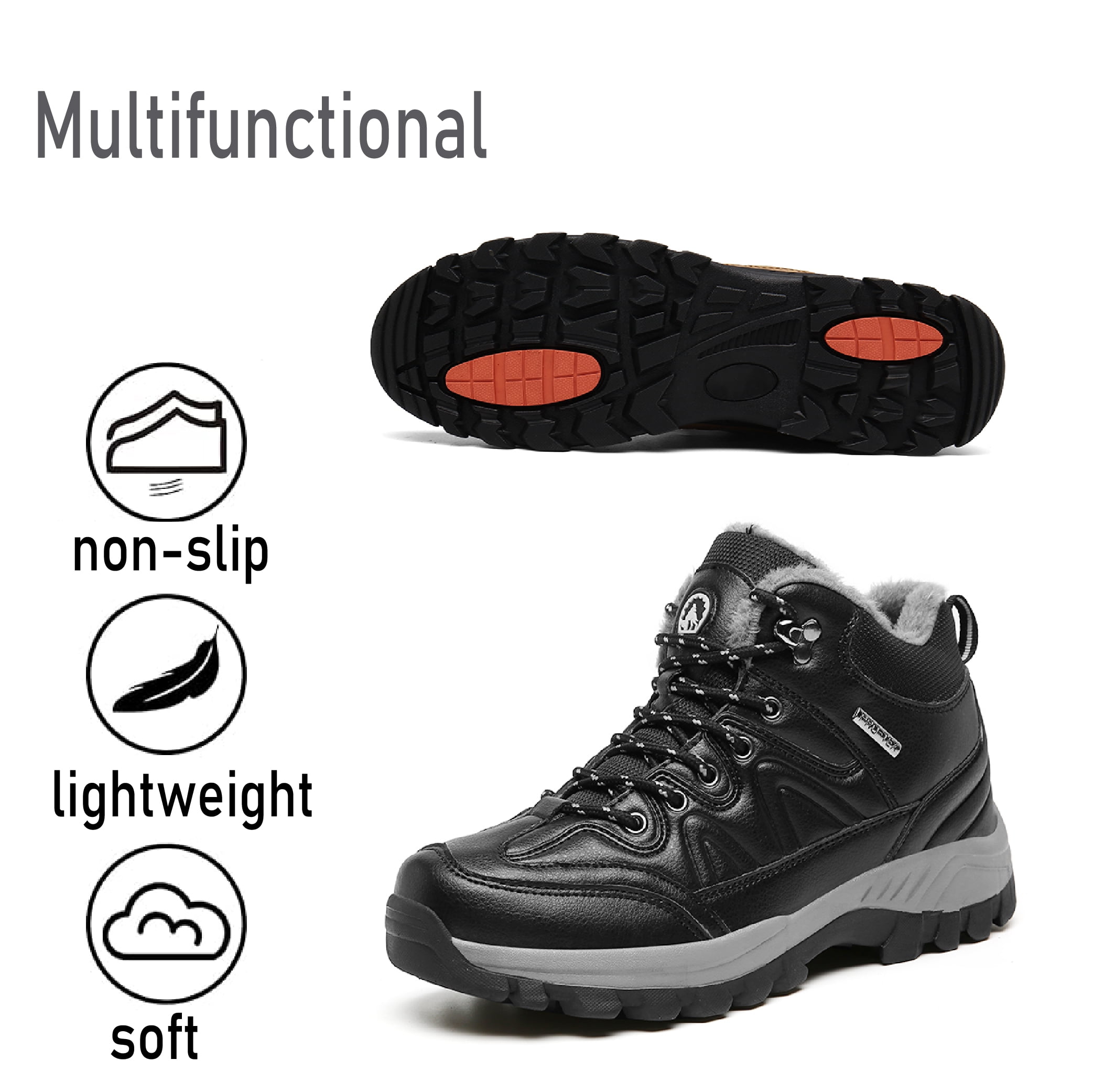 Mens Hiking Snow Boots Padded Warm Cotton Shoes Non-slip Lightweight Sneakers Waterproof Fur Lined Bare Boots Black 7.5 UK