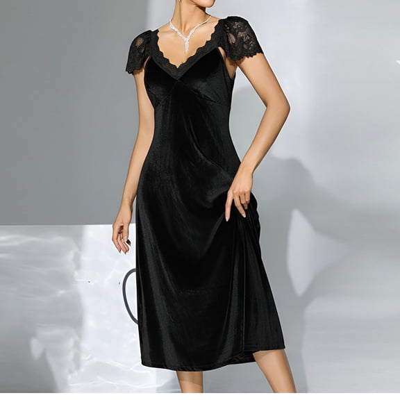 Women's Casual Short Sleeve Lace V-Neck Solid Summer Dress