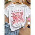 thumbnail image 1 of 1pc Love Jesus and America Too Girls Patriotic American Flag T-Shirt - Soft Cotton Loose Fit Cute Graphic Tee with Red & White Blueprint Print, Short Sleeve Round Neck for 4th of July Parties, 1 of 7