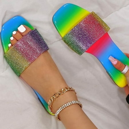 

Alueeu Women s slipper Women s Ladies Fashion Casual Multicolor Crystal Slippers Flat Slides Shoes