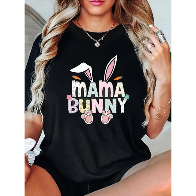 T-shirt Graphique "Mama Bunny" pour Femmes - Col Rond Décontracté et Sportif, Manches Courtes, Haut d'Été en Mélange de Polyester Confortable avec Design Oreilles de Carotte et Lapin Colorées